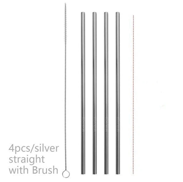 Colourful reusable stainless steel drinking straws with cleaning brush, perfect for eco-friendly sipping.