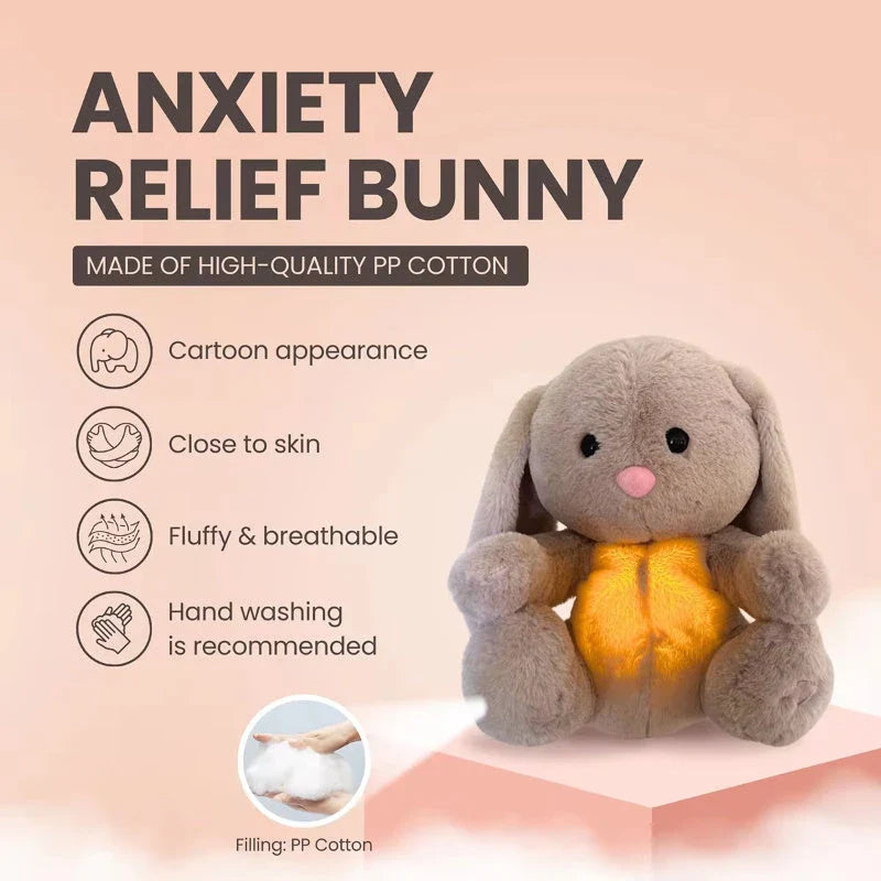 Soothing and relaxing plush breathing bunny toy with calming lights and music to help babies and toddlers sleep
