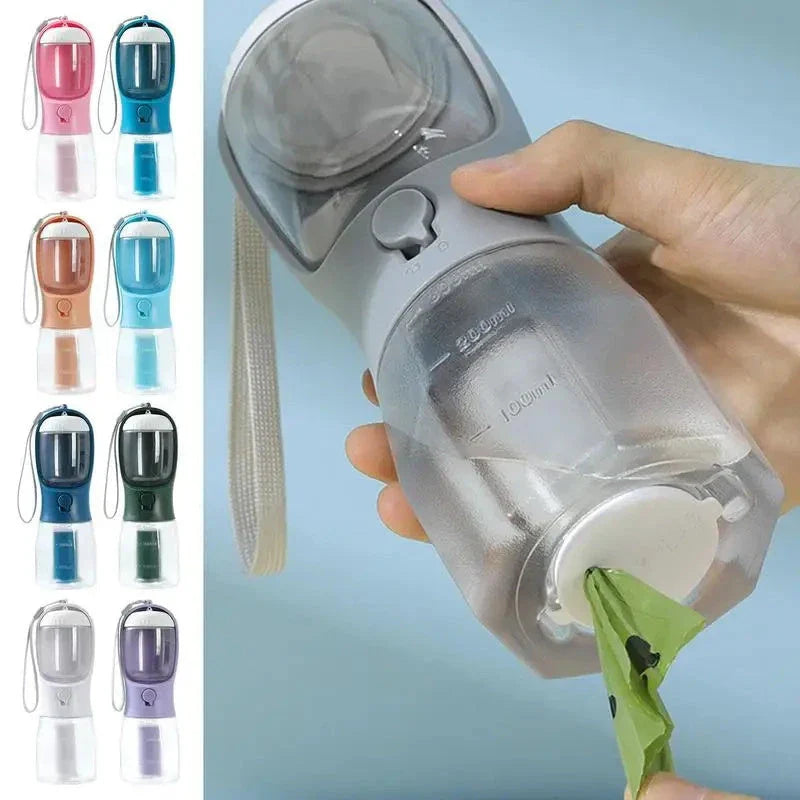 Portable 3-in-1 pet water bottle with built-in filtration system, food container, and waste bag storage compartment