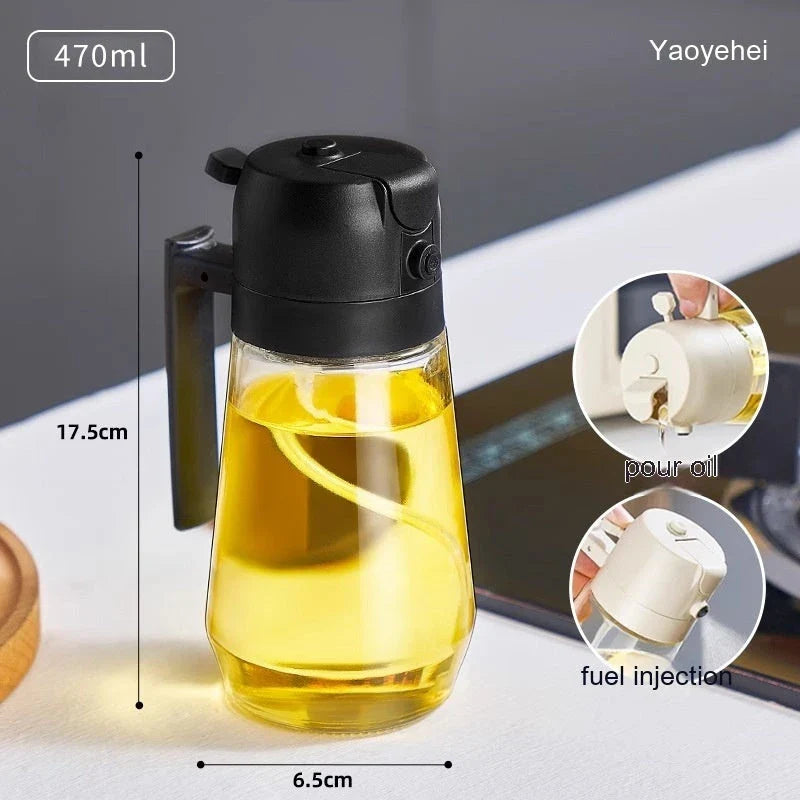 Premium 470mL glass oil sprayer with dual mist and pour functionality, ideal for cooking, baking, and grilling