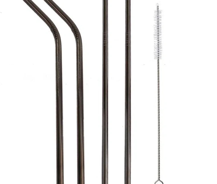 Colourful reusable stainless steel drinking straws with cleaning brush, perfect for eco-friendly sipping.