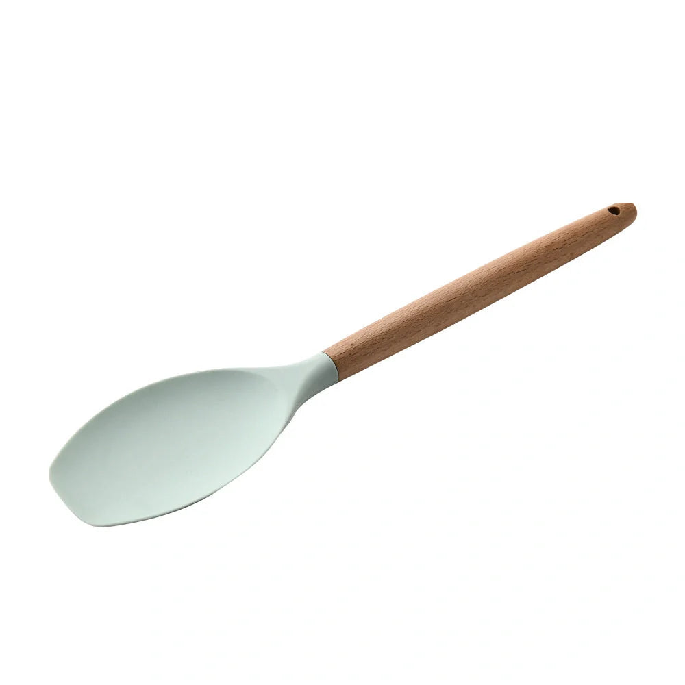 Premium silicone kitchenware set with wooden handle, ideal for cooking and baking