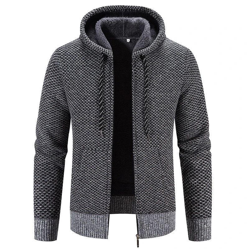 Warm and cozy plush sweater coat with zipper closure, drawstring hood, and long sleeves for winter wear