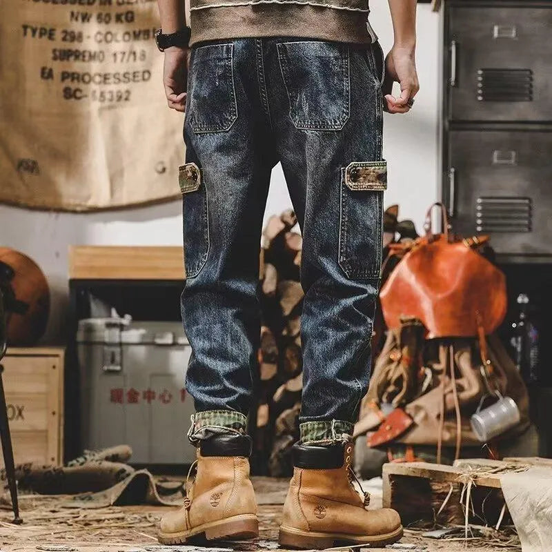 Men's blue heavy distressed cargo jeans, loose fit, mid waist, button fly, cotton denim.