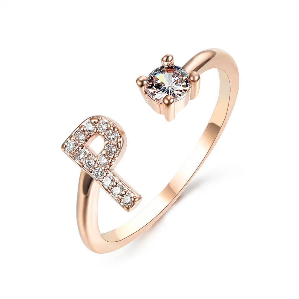 Personalized Initial Letter Crystal Ring with Adjustable Design in Gold, Silver, and Rose Gold Colors