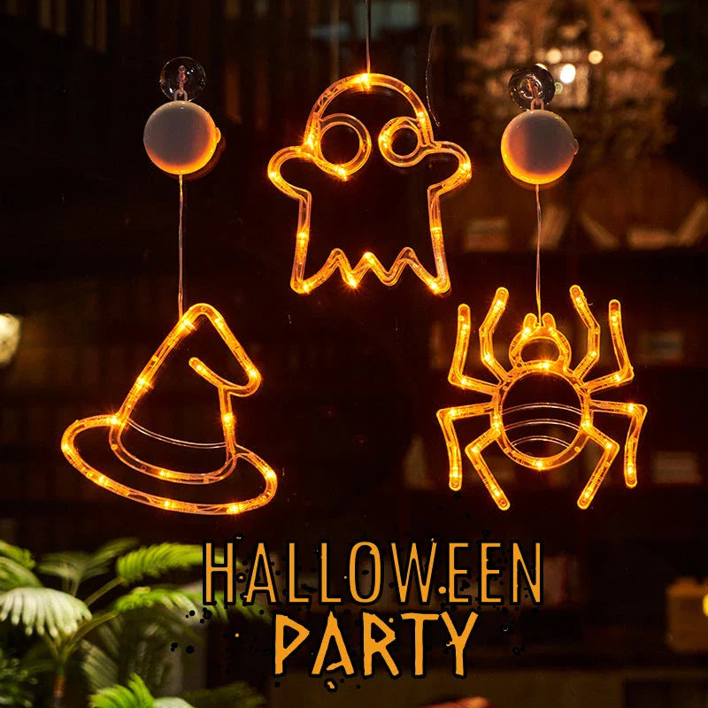 Spooky Halloween window lights featuring ghostly silhouettes, carved pumpkins, and creepy spiders for festive seasonal decor
