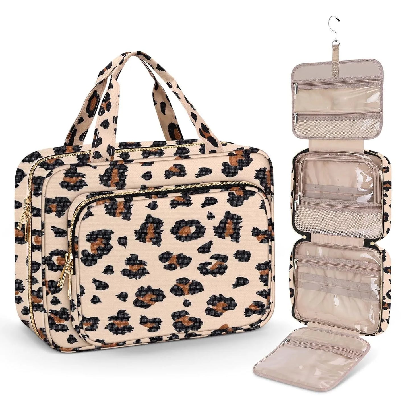 Portable travel storage wash bag for cosmetics in various colours including leopard print