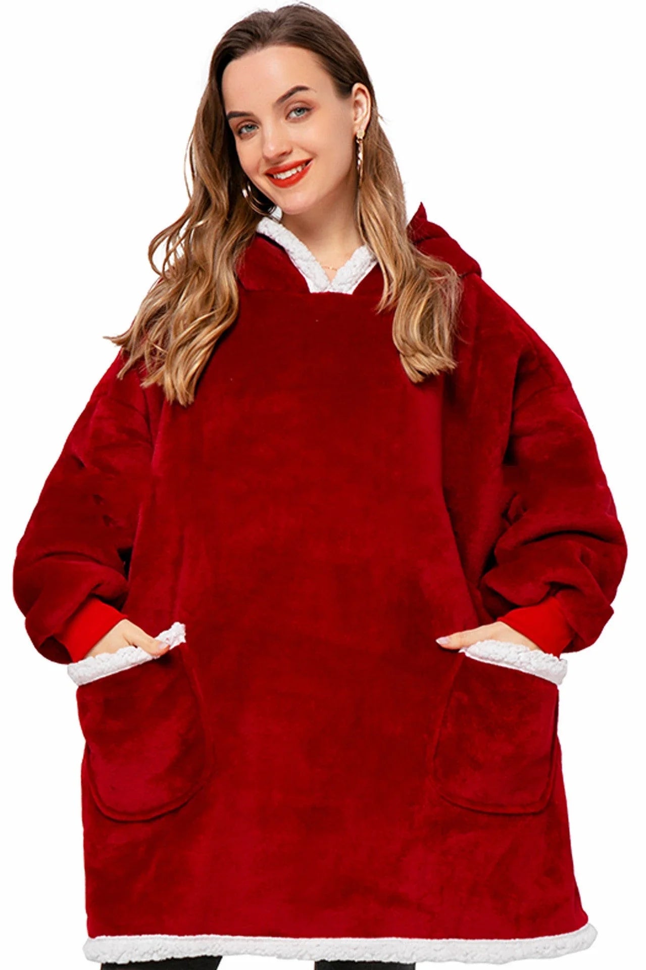 Cozy TV Hoodie Blanket in various colors, including pink, black, navy blue, wine red, and grey, with convenient pockets for relaxing at home