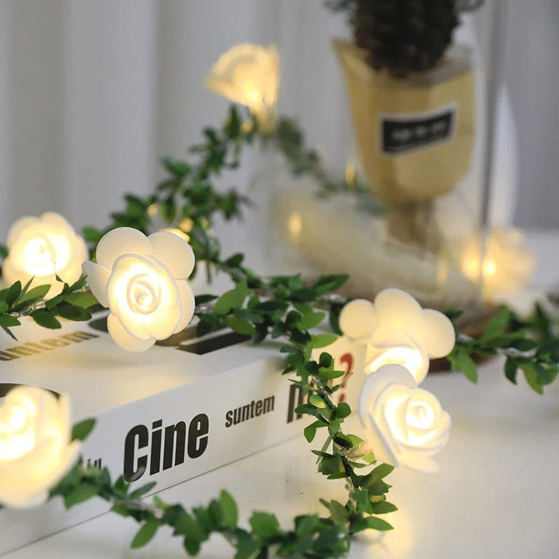 Rose Flower Vine String Lights with Warm White LED Bulbs for Cozy Home Decor