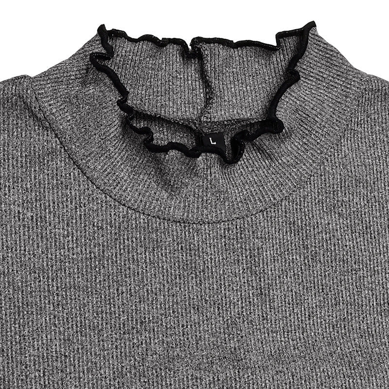 Elegant ribbed long sleeve top in various colours, including light grey, dark grey, white, black, khaki, and army green.