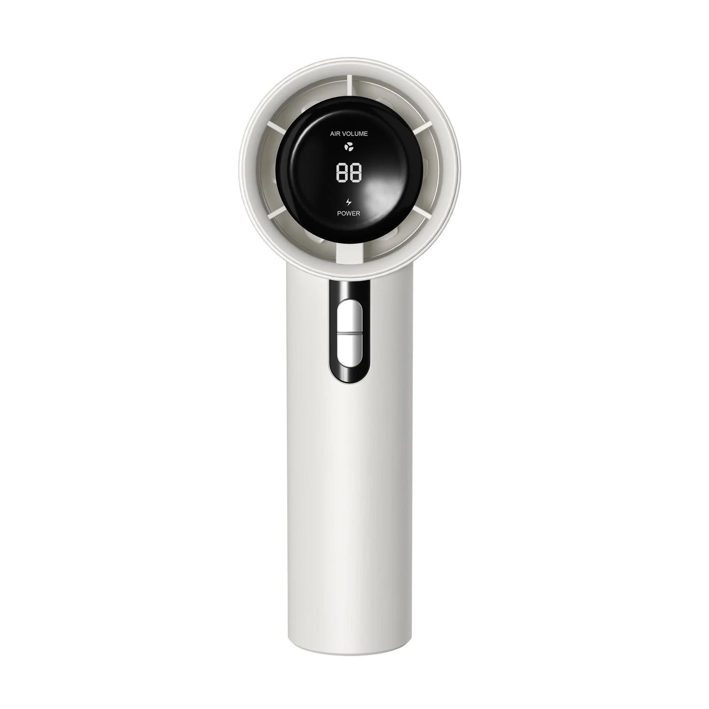Powerful portable handheld turbine fan with cooling system, adjustable airflow, long-lasting battery, and compact design for on-the-go refreshment.