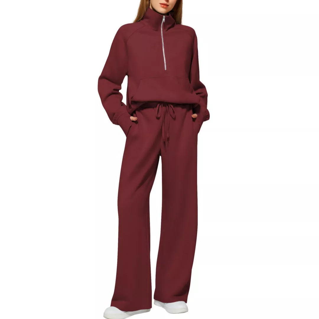 Women's solid colour long-sleeved sweater trousers suit in polyester, available in multiple colours and sizes.
