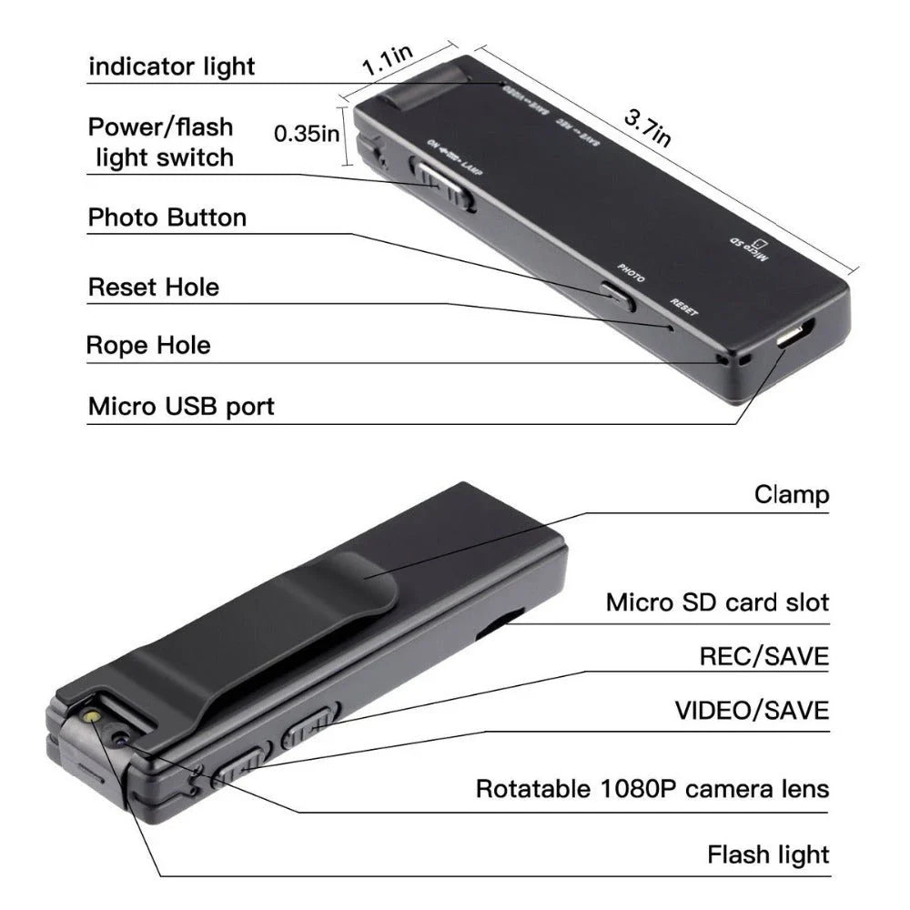 Durable magnetic digital recorder with 1080P HD video, rotating lens, and motion detection features