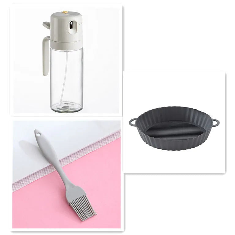 Warm grey glass oil sprayer bottle with a switchable nozzle for spray or pour modes.