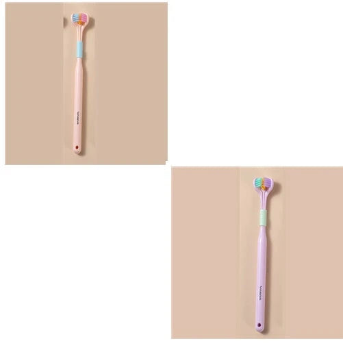 A soft bristle toothbrush with a unique triple-sided brush head for deep cleaning and customizable bristle firmness.