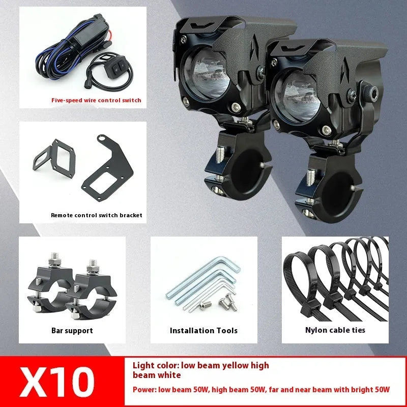 Motorcycle LED spotlight kit with wire group, mirror switch, mounting bracket, and cable ties.