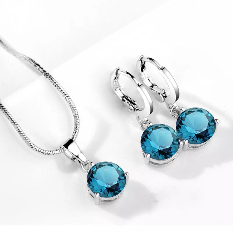 Zircon Water Drop Necklace and Earring Set with unique snake bone chain and mixed gem setting