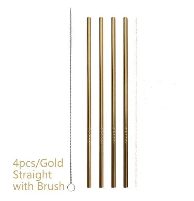 Colourful reusable stainless steel drinking straws with cleaning brush, perfect for eco-friendly sipping.