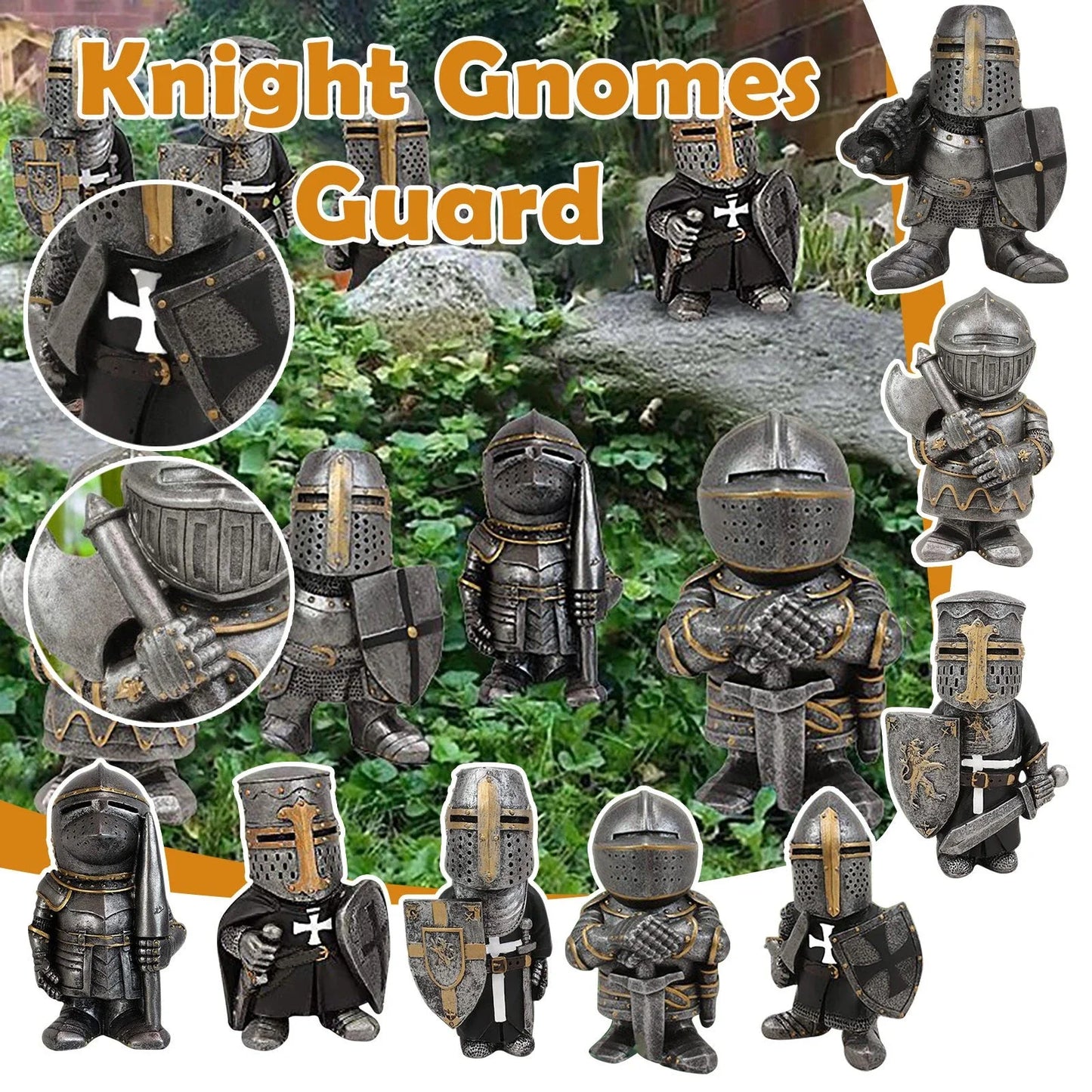 Decorative resin dwarf knight statues in various warrior poses, designed to protect and enchant garden and lawn spaces