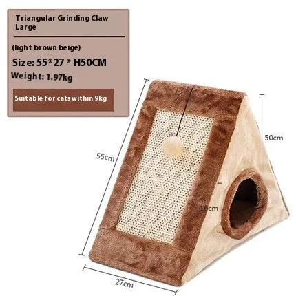 Grey and white triangle-shaped cat scratching post with an integrated soft cat bed.
