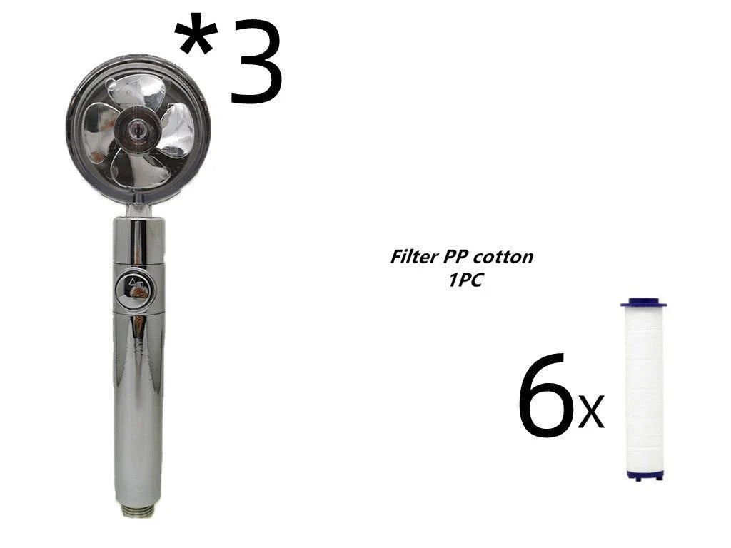 A high-pressure handheld shower head with a turbo-charged water flow and a cotton filter for a luxurious, spa-like bathing experience.