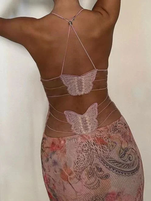 A stylish halter dress with a floral print and butterfly-inspired back, perfect for summer events and parties.