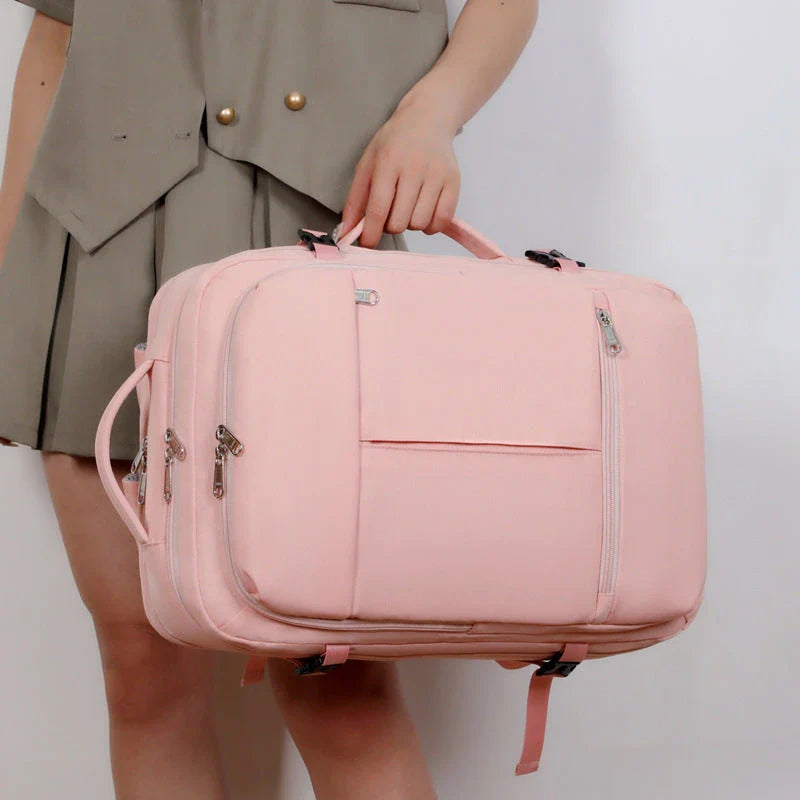 A stylish and high-capacity backpack with multiple pockets and zippers, designed for business and travel use.