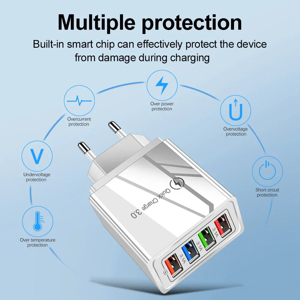 Powerful 4-Port USB Wall Charger with Quick Charge 3.0 for Phones and Tablets