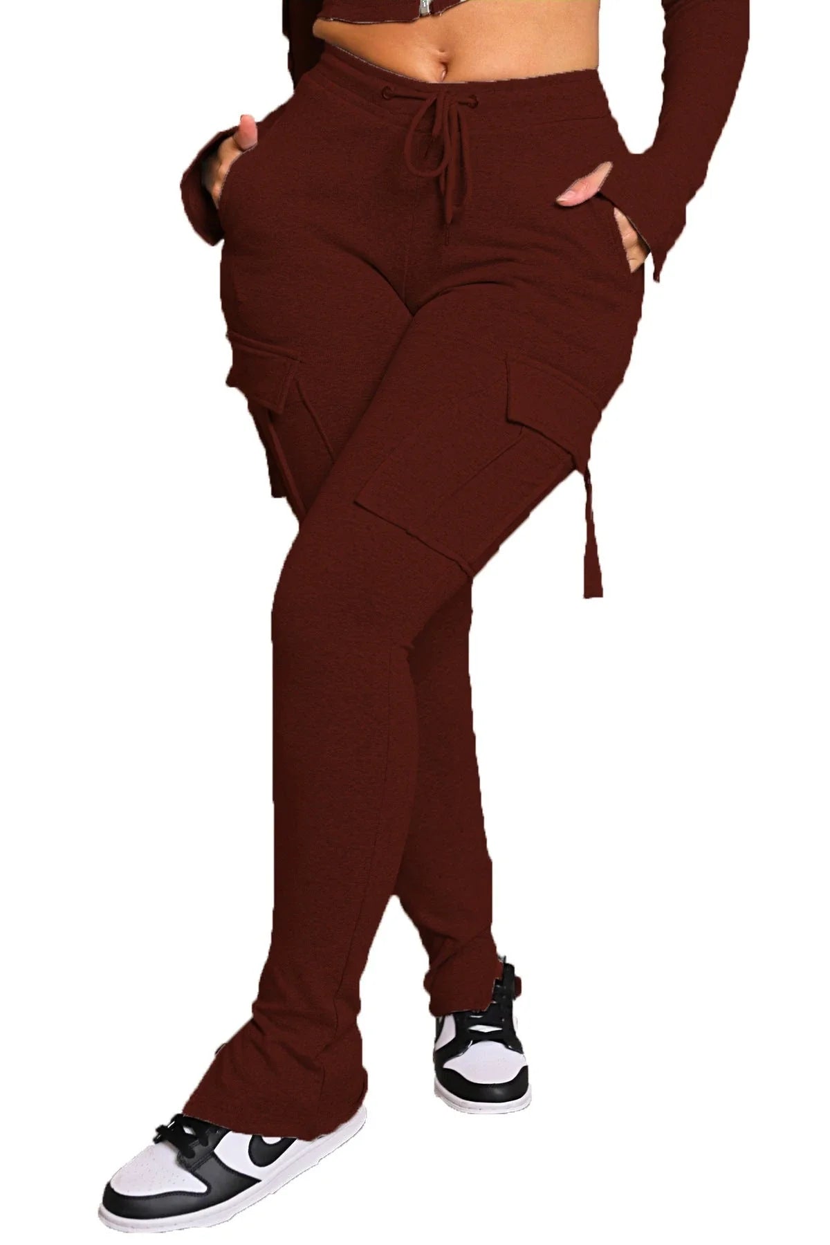 Versatile cargo pants for women with pockets, high-waist, drawstring, and wide-leg design in various colors and sizes