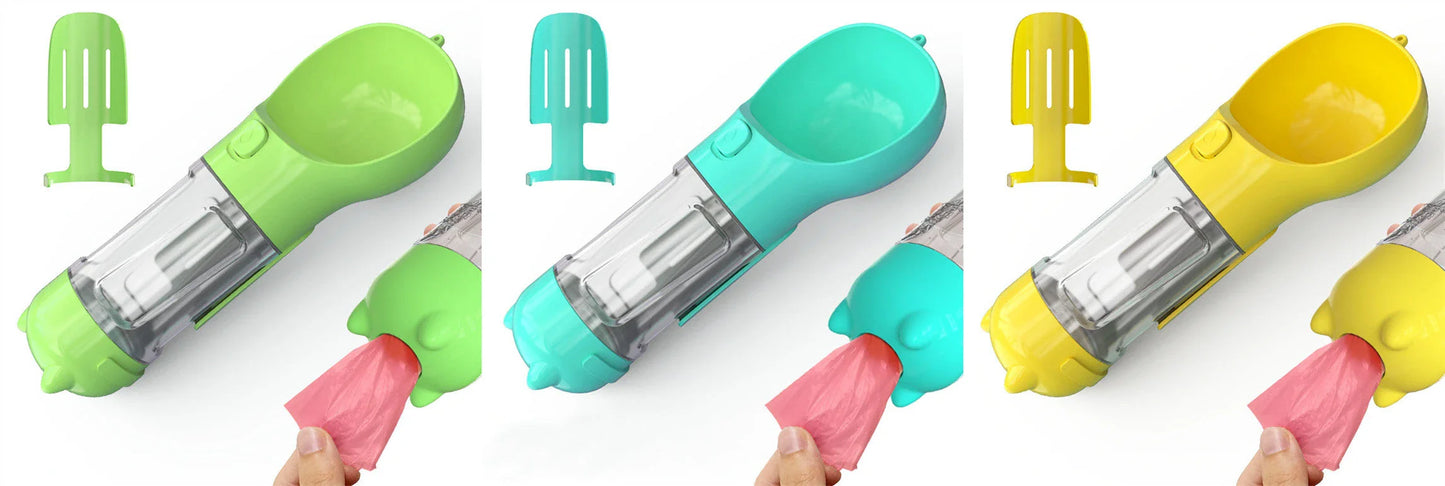 Multipurpose Pet Water Bottle with Feeding Bowl and Waste Bag Storage - Durable, Portable, and Convenient