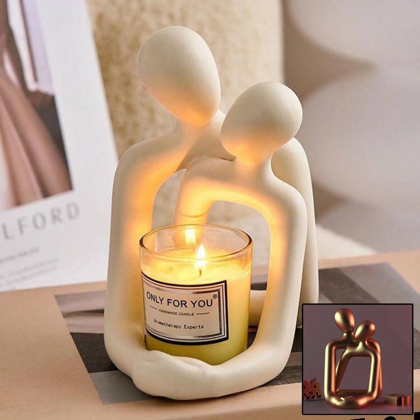 Elegant Loving Couple Resin Statue in milky white and gold, modern home decor