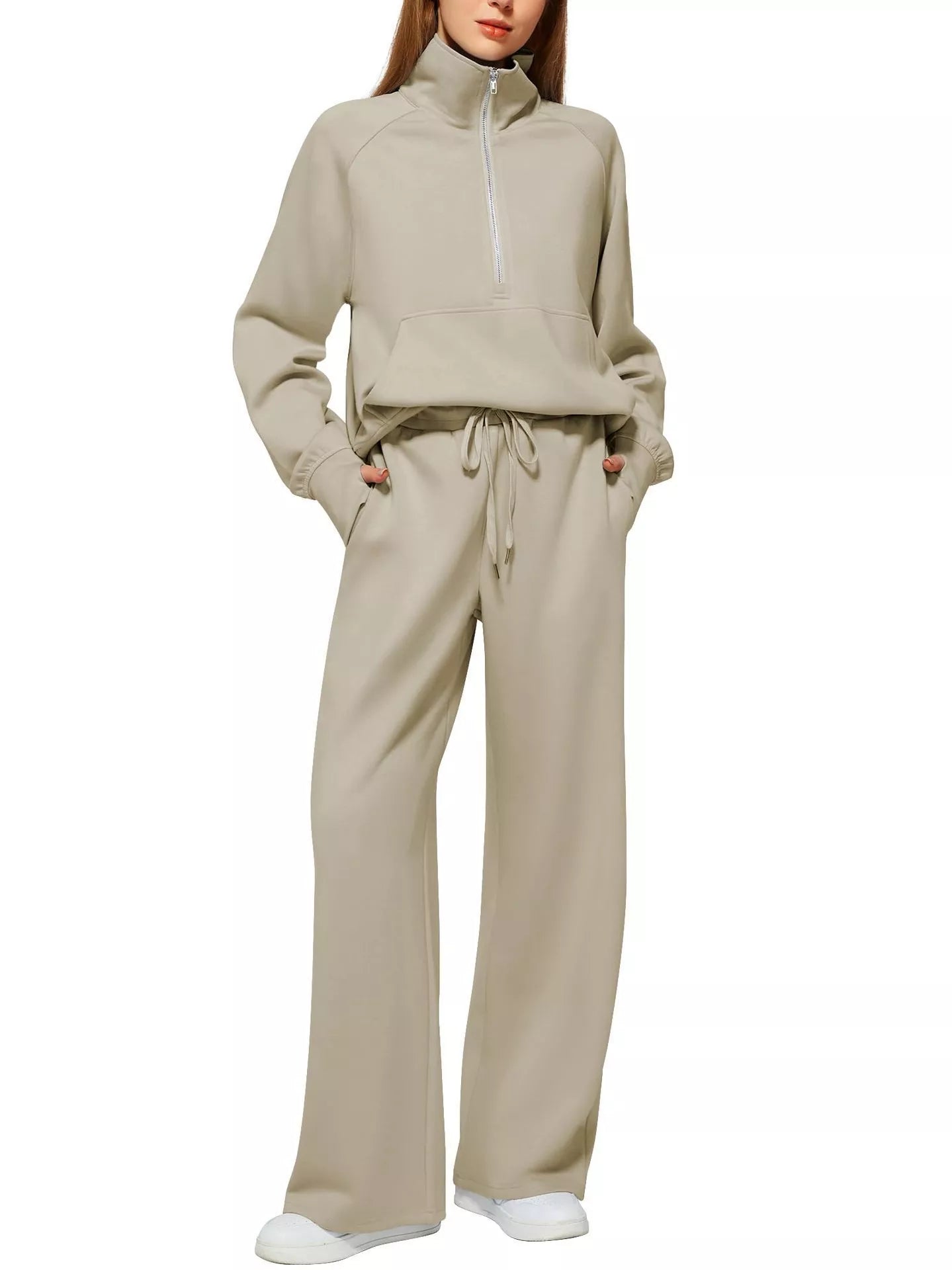 Women's solid colour long-sleeved sweater trousers suit in polyester, available in multiple colours and sizes.