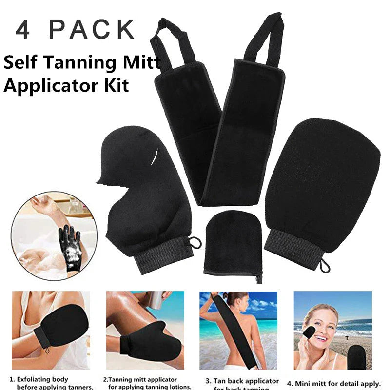 Premium self-tanning applicator kit with exfoliating glove, tanning mitt, and back applicator for a flawless, streak-free tan