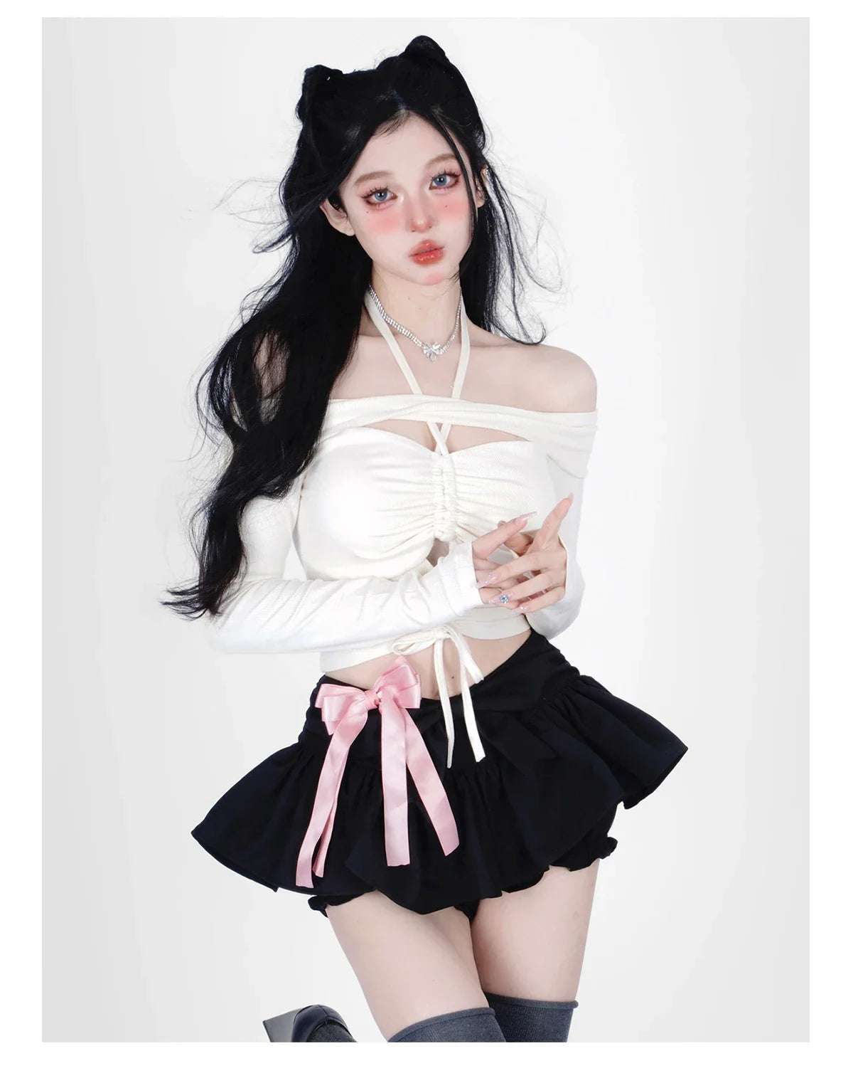 Off-shoulder blouse with drawstring waist, cut-out details, and long sleeves in a warm apricot colour