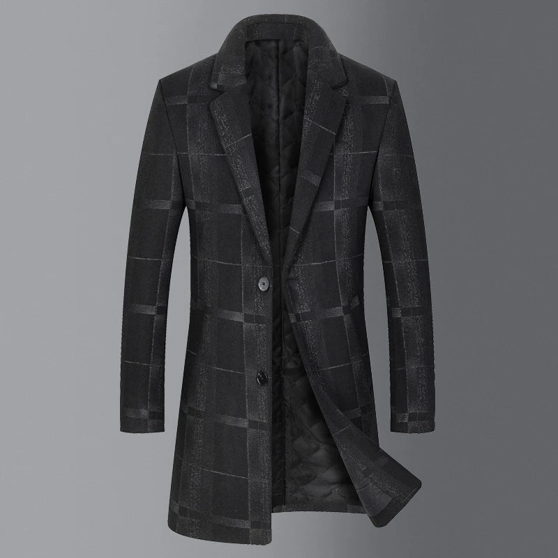 Men's mid-length slim woollen coat in camel and gray colors, featuring premium British wool construction and a flattering silhouette.