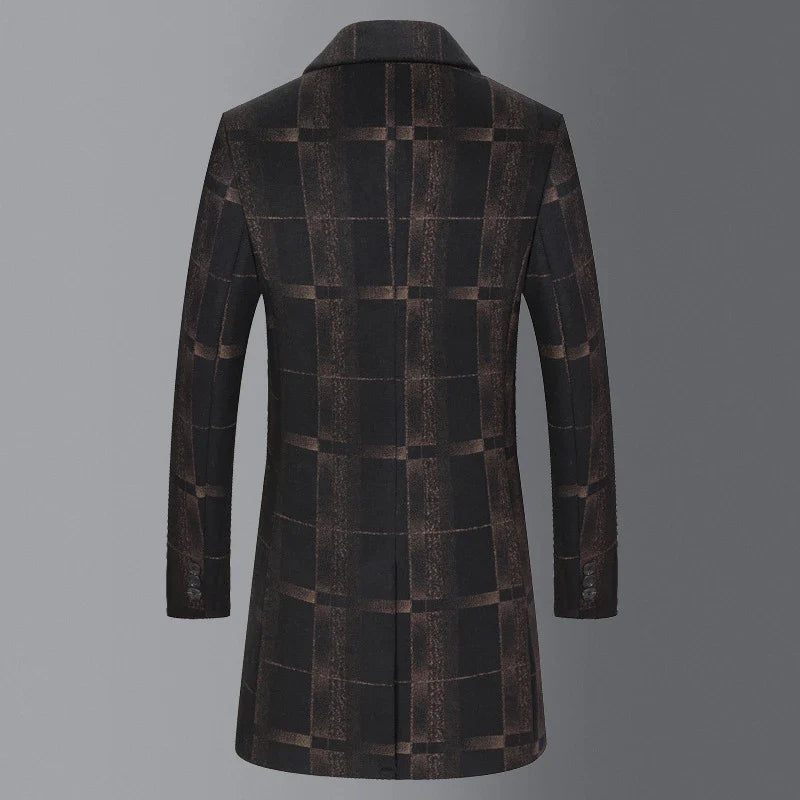 Men's mid-length slim woollen coat in camel and gray colors, featuring premium British wool construction and a flattering silhouette.