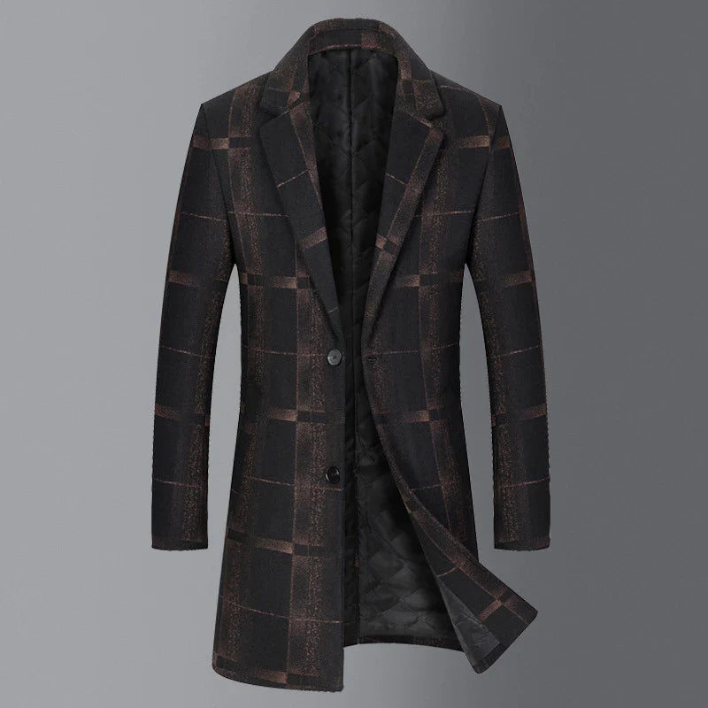 Men's mid-length slim woollen coat in camel and gray colors, featuring premium British wool construction and a flattering silhouette.