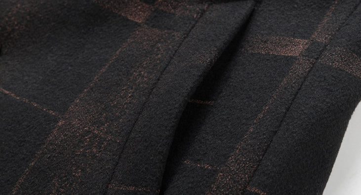Men's mid-length slim woollen coat in camel and gray colors, featuring premium British wool construction and a flattering silhouette.