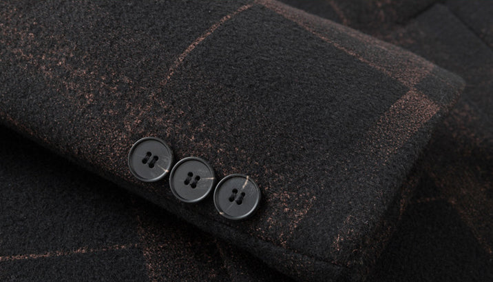 Men's mid-length slim woollen coat in camel and gray colors, featuring premium British wool construction and a flattering silhouette.