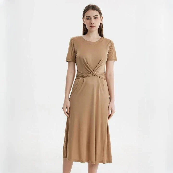 Elegant Silk Blend Mid-Calf Dress in Khaki color, featuring a V-neck, short sleeves, and a flattering empire waistline.