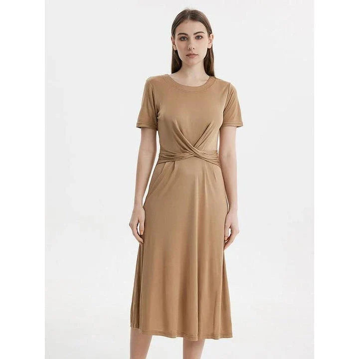 Elegant Silk Blend Mid-Calf Dress in Khaki color, featuring a V-neck, short sleeves, and a flattering empire waistline.