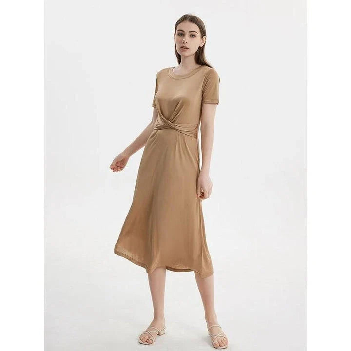 Elegant Silk Blend Mid-Calf Dress in Khaki color, featuring a V-neck, short sleeves, and a flattering empire waistline.