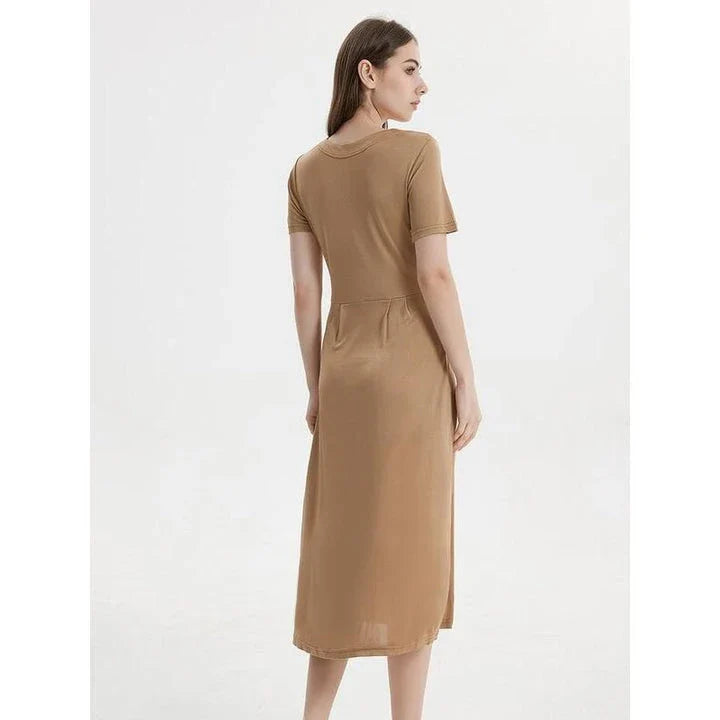 Elegant Silk Blend Mid-Calf Dress in Khaki color, featuring a V-neck, short sleeves, and a flattering empire waistline.