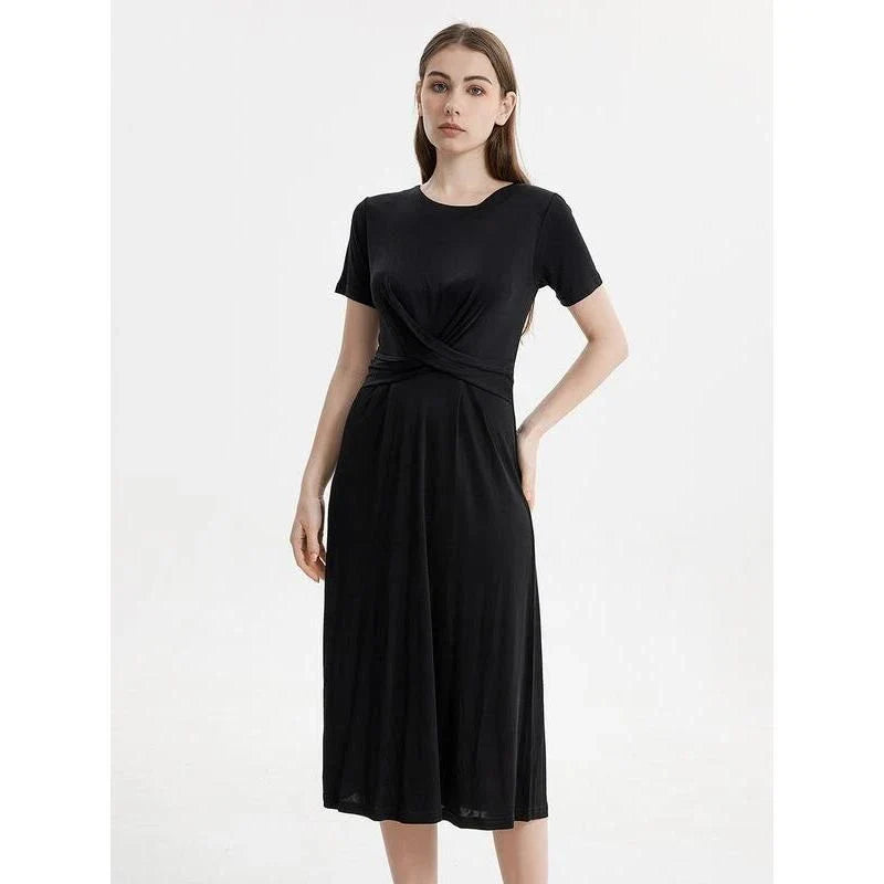 Elegant Silk Blend Mid-Calf Dress in Khaki color, featuring a V-neck, short sleeves, and a flattering empire waistline.