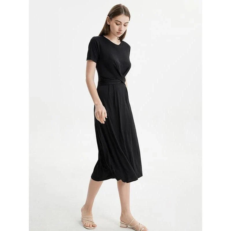 Elegant Silk Blend Mid-Calf Dress in Khaki color, featuring a V-neck, short sleeves, and a flattering empire waistline.