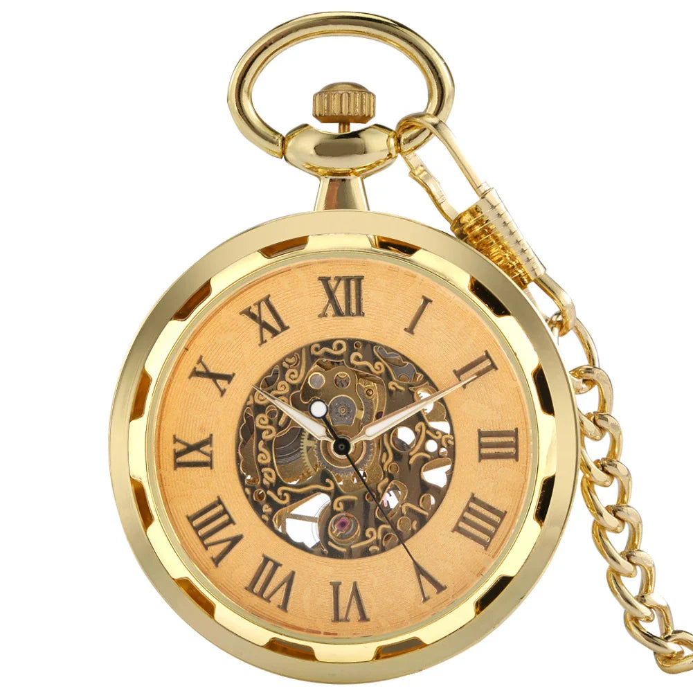 Detailed close-up of a men's retro skeleton mechanical pocket watch with a sleek black and gold design