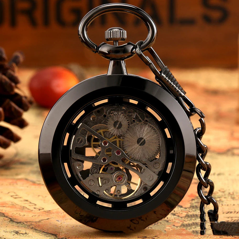Detailed close-up of a men's retro skeleton mechanical pocket watch with a sleek black and gold design