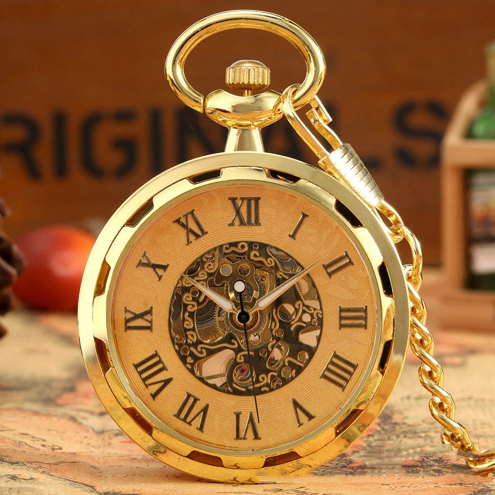 Detailed close-up of a men's retro skeleton mechanical pocket watch with a sleek black and gold design
