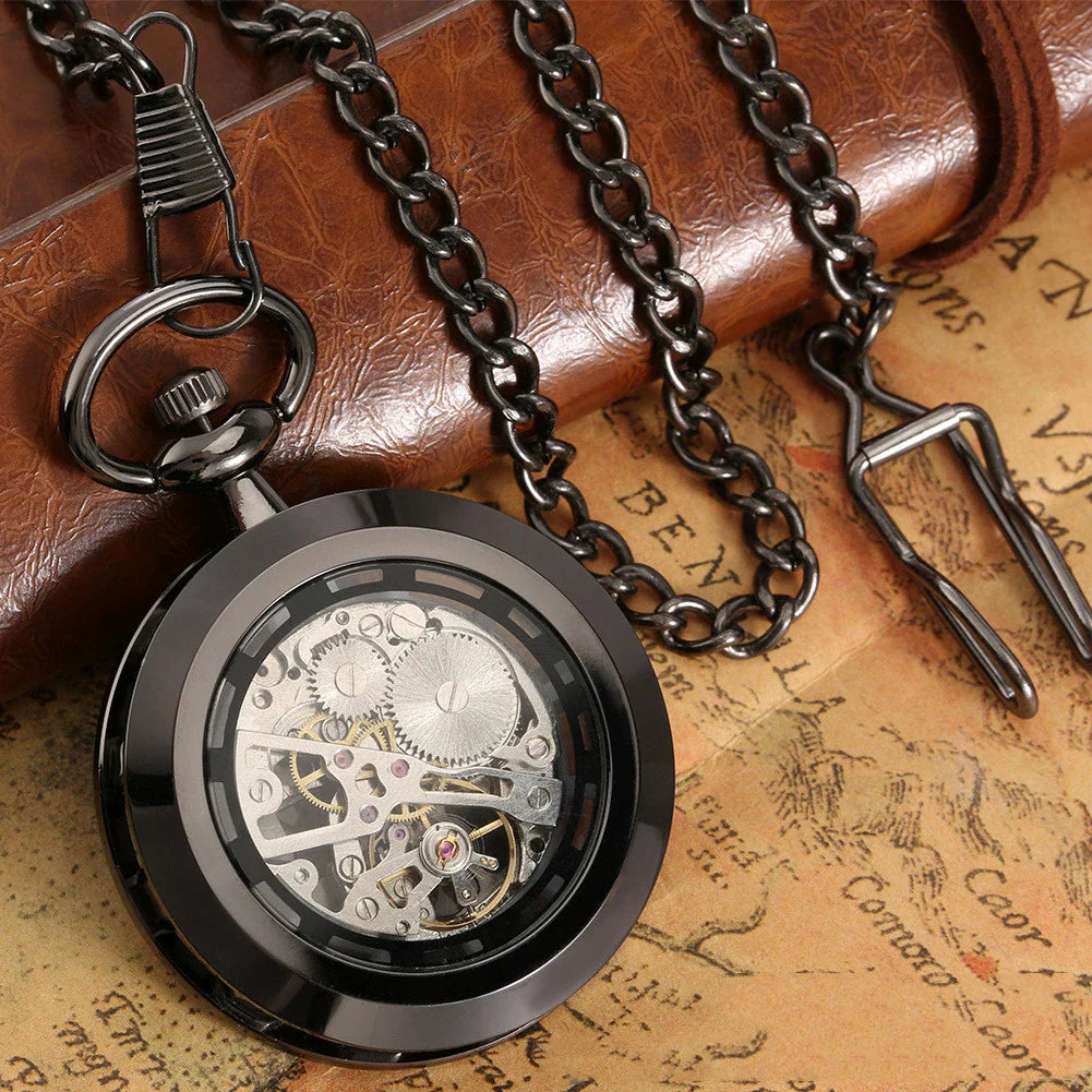 Detailed close-up of a men's retro skeleton mechanical pocket watch with a sleek black and gold design