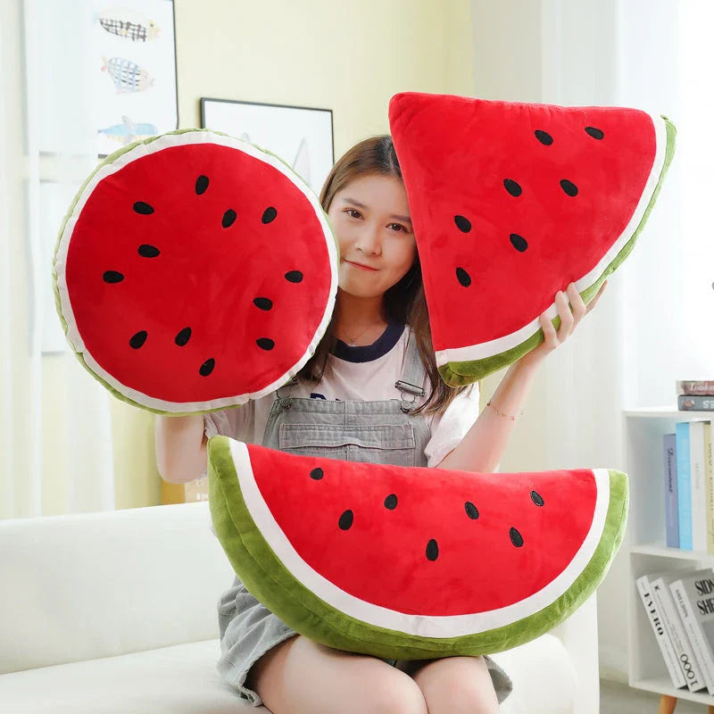 A lifelike plush watermelon toy with a soft, cuddly design that is perfect for children and adults.